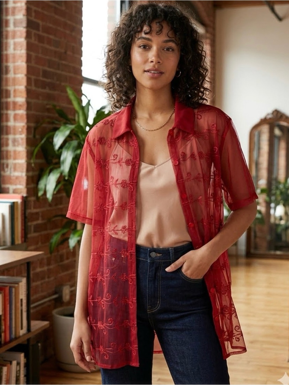Liza B. Paris Sheer Red Button-Up Blouse